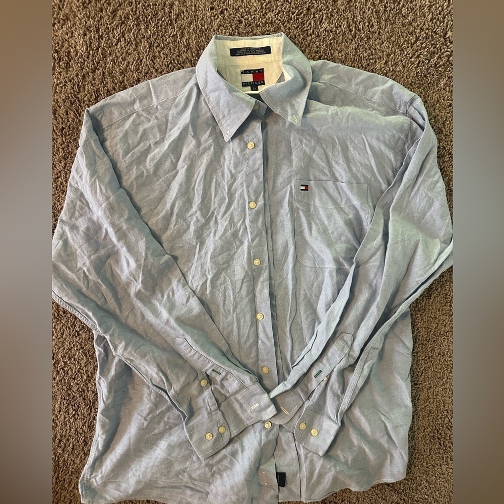 Tommy Hilfiger blue and white button down shirt